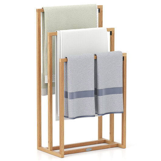3-Tier Teak Wood Towel Rack with 3 Hanging Crossbars