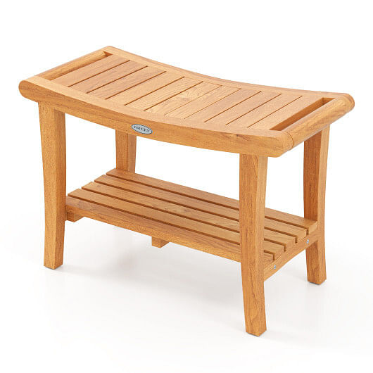 30 Inches Large Teak Shower Stool with Storage Shelf and Non-slip Footpads
