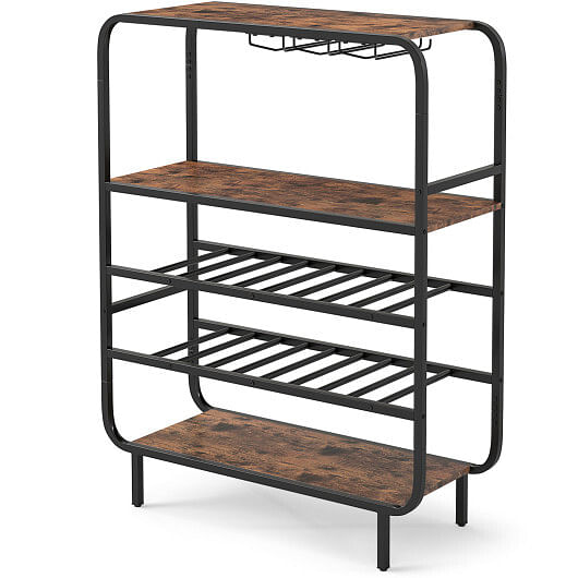 16 Bottle Wine Rack with 5-Tier Wine Shelf and Glass Holders for Kitchen Bar-Rustic Brown