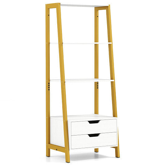 4-Tier Ladder Shelf with 2 Drawers 52.5 Inch Tall Freestanding Bookcase-White