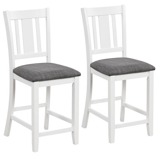 Rubber Wooden Bar Stools Set of 2 with Ergonomic Back and Comfortable Linen Cushion-White