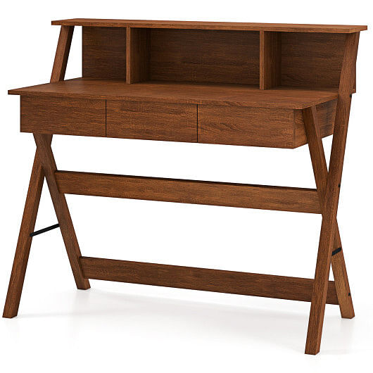 Mid Century Home Office Desk with 3 Storage Drawers and Monitor Stand-Oak