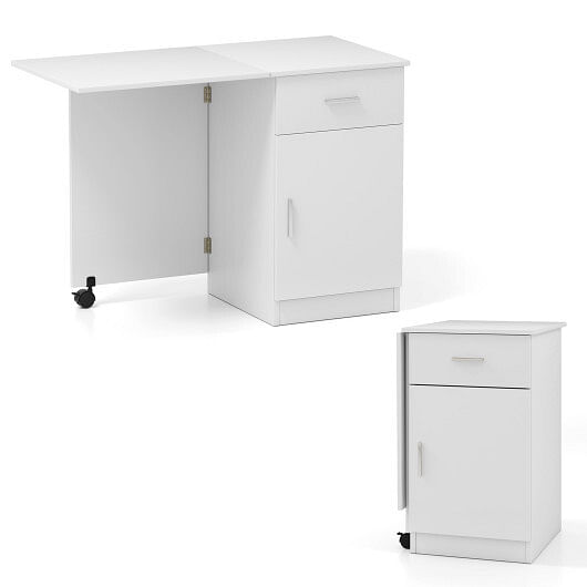 Folding Computer Desk with Drawer Mobile Home Office Desk with Cabinet-White