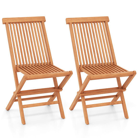 Teak Wood Patio Chairs Set of 2 with High Back and Slatted Seat