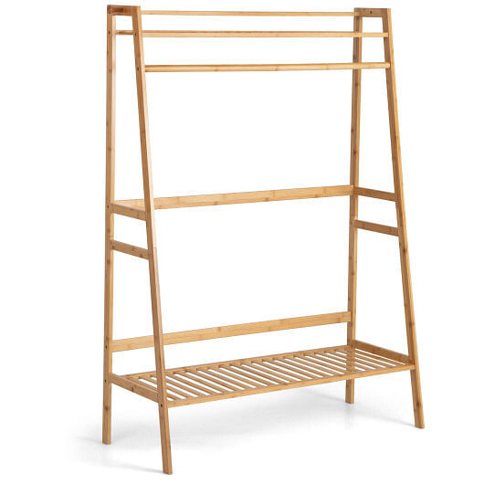 Bamboo Clothing Rack with Storage Shelves-Natural