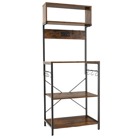 60 Inch Tall Microwave Stand with Open Shelves and 10 Hanging Hooks-Rustic Brown