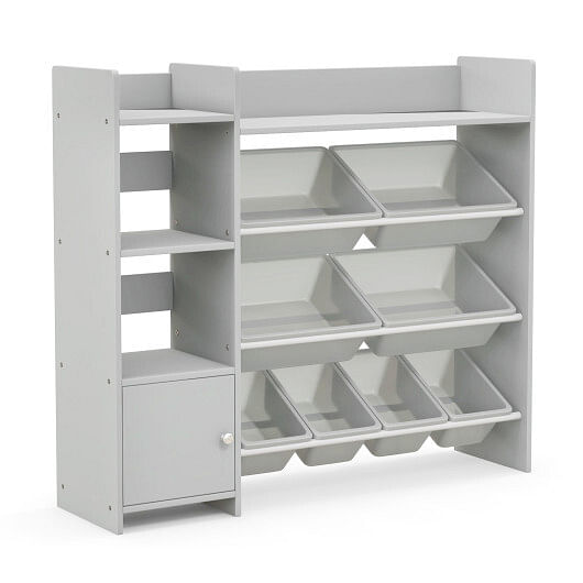 4-Tier Kids Bookshelf and Toy Storage Rack with 8 Toy Organizer Bins-Grey