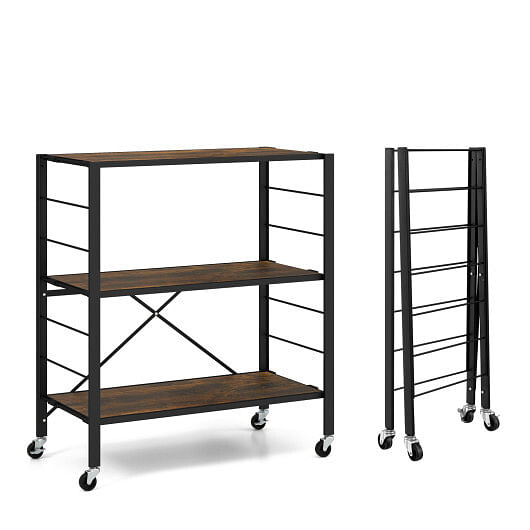 3-Tier Foldable Shelving Unit with Detachable Wheels and Adjustable Shelves-Black