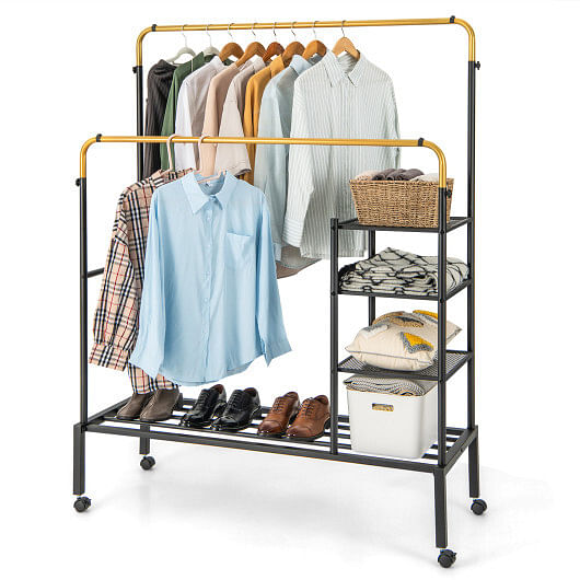 Rolling Double Rods Garment Rack with Height Adjustable Hanging Bars-Golden