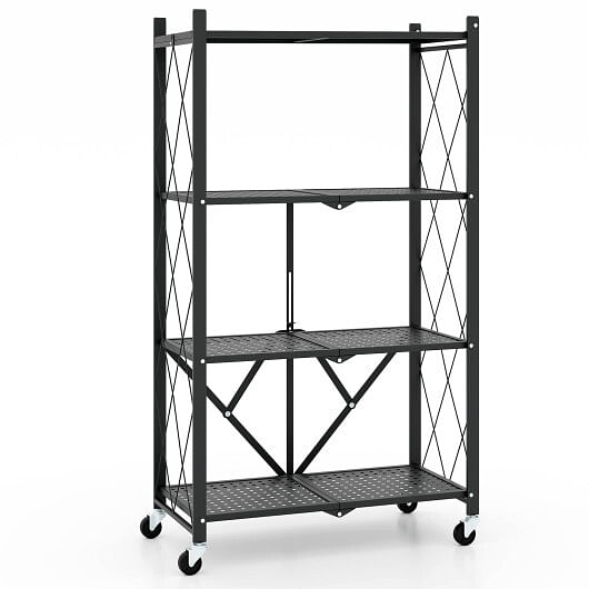 4-Tier Foldable Storage Shelf Collapsible Storage Rack with Lockable Wheels-Black
