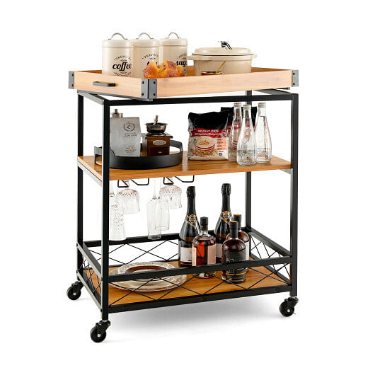 3 Tiers Industrial Bar Serving Cart with Utility Shelf and Handle Racks-Natural