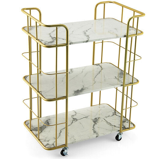 3-Tier Metal Kitchen Storage Serving Cart Trolley with Marble Tabletop and Handles-Golden