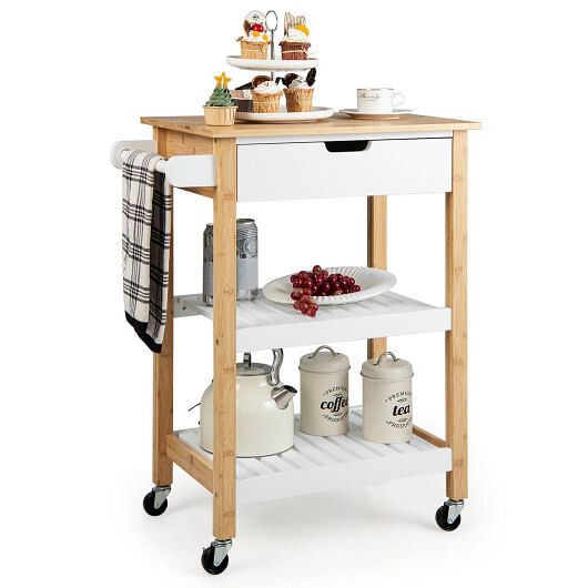 3-Tier Kitchen Island Cart Rolling Service Trolley with Bamboo Top-Natural