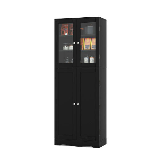 Tall Kitchen Pantry Cabinet with Dual Tempered Glass Doors and Shelves-Black