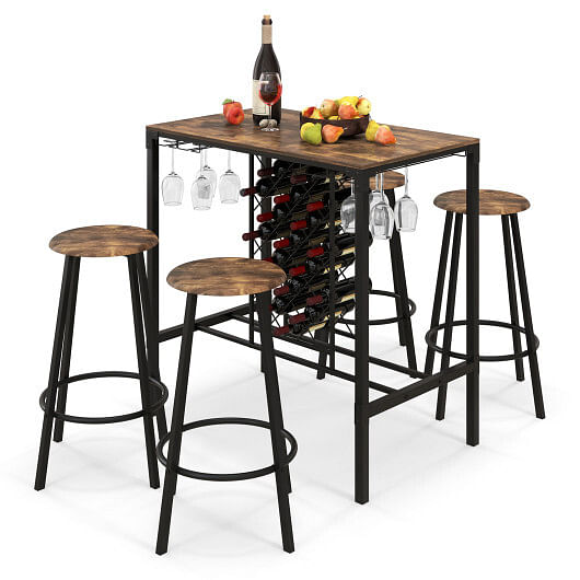 5 Pieces Bar Table and Stools Set with Wine Rack and Glass Holder-Rustic Brown