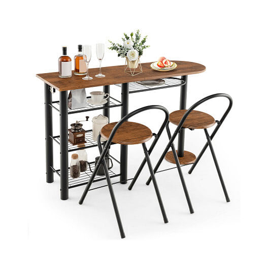 3 Pieces Retro Dining Table Set with 4-Tier Storage Shelf-Retro Brown