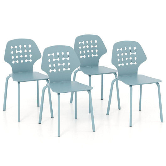 Set of 4 Metal Dining Chair with Hollowed Backrest and Metal Legs-Blue