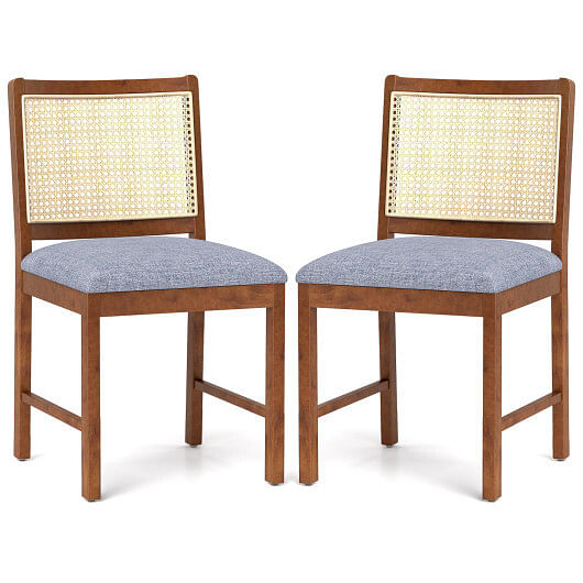 Rattan Dining Chair Set of 2 with Rubber Wood Frame and Linen Fabric Padded Seat-Walnut