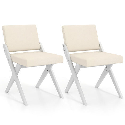 Wooden Dining Chairs of 2 with Rubber Wood Frame and Padded Cushions-White