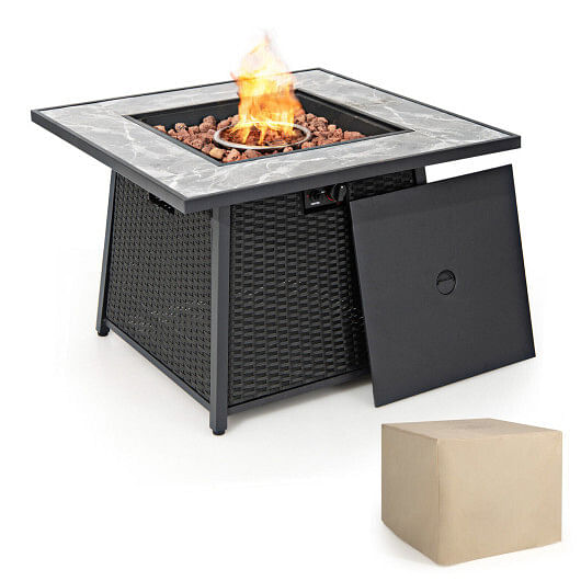 35 Inch Propane Gas Fire Pit Table Wicker Rattan with Lava Rocks PVC Cover-Black