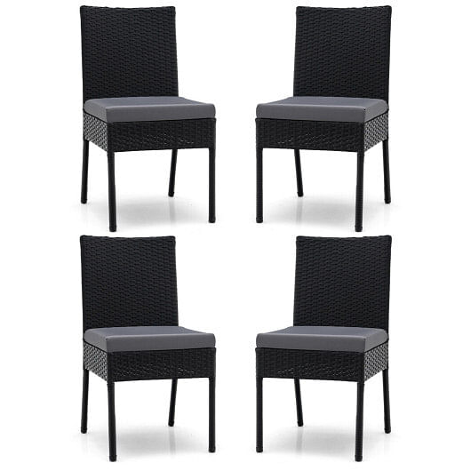 Set of 4 Patio Rattan Wicker Dining Chairs Set with Soft Cushions-Black