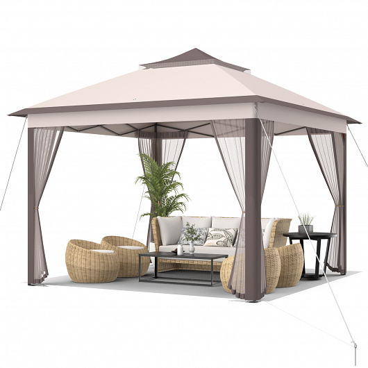 11 x 11 Feet 2-Tier Pop-Up Gazebo Tent Portable Canopy Shelter Carry Bag Mesh-Beige