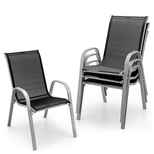 4 Pieces Stackable Patio Dining Chairs Set with Armrest-Black