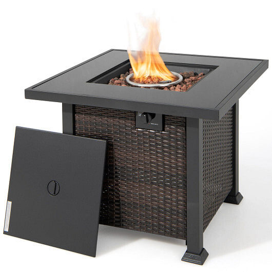 32 Inch Square Propane Fire Pit Table with Lava Rocks Cover-Brown