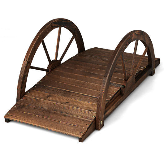 3.3 Feet Wooden Garden Bridge with Half-Wheel Safety Rails-Rustic Brown