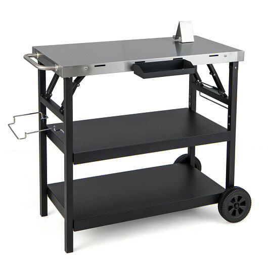 3 Tiers Foldable Outdoor Cart on 2 Wheels with Phone Holder-Black