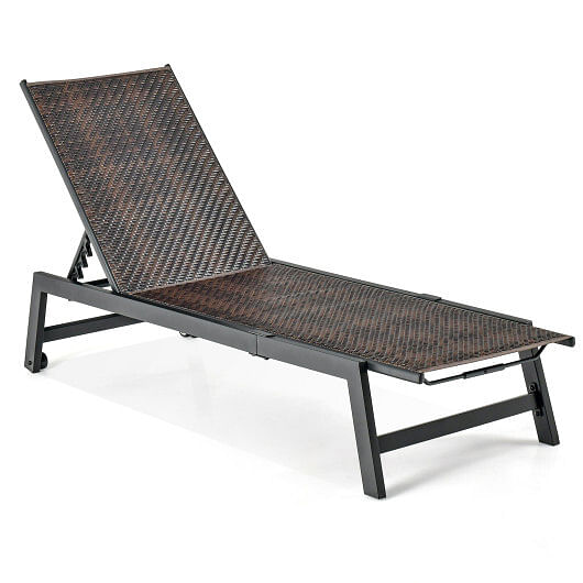 Patio PE Rattan Chaise Lounge with 5-Level Backrest and Wheels-Brown