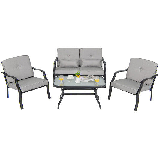 4 Pieces Outdoor Conversation Set with Seat Back Cushions and Waist Pillows-Gray