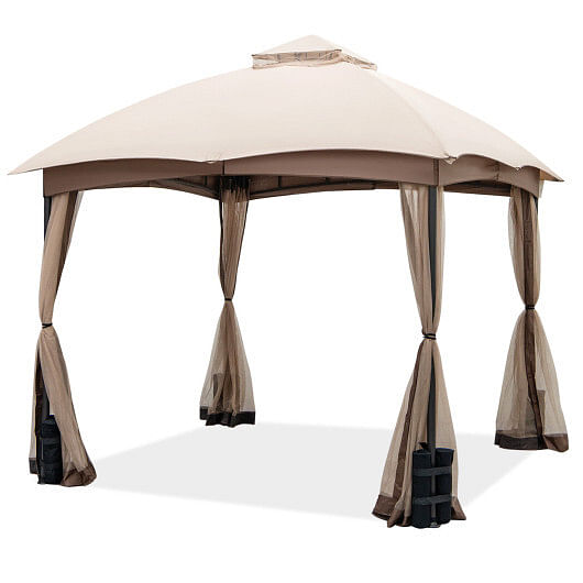 10 X 10 Feet Patio Double-Vent Gazebo with Privacy Netting and 4 Sandbags-Khaki