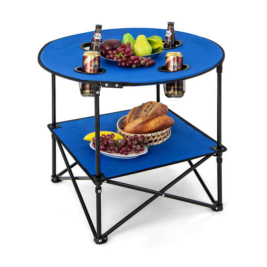 2-Tier Portable Picnic Table with Carrying Bag and 4 Cup Holders-Blue