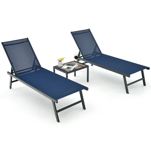 3 Pieces Patio Chaise Lounge Chair and Table Set for Poolside Yard-Brown