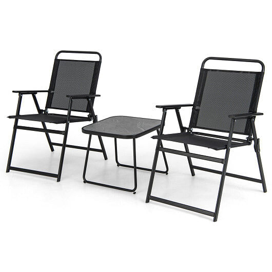 3 Pieces Patio Folding Conversation Chairs and Table-Black