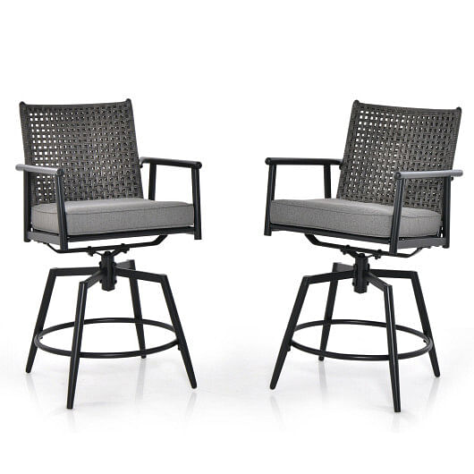 360 Degree Swivel Bar Stool Set of 2 with Metal Frame and PE Rattan Backrest-Black