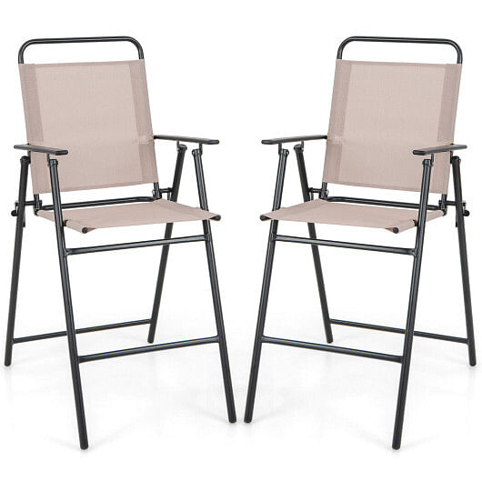 Set of 2 Patio Folding Bar-Height Chairs with Armrests and Quick-Drying Seat-Beige