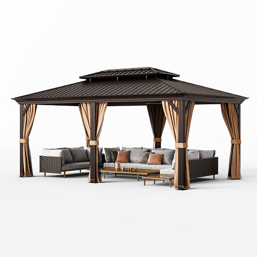 12′ x 20′ Double-Roof Hardtop Gazebo with Galvanized Steel Roof-Coffee