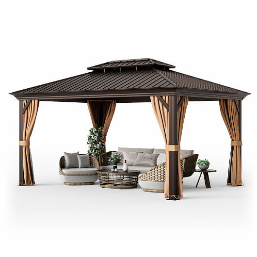 12′ x 16′ Double-Roof Hardtop Gazebo with Galvanized Steel Roof-Coffee