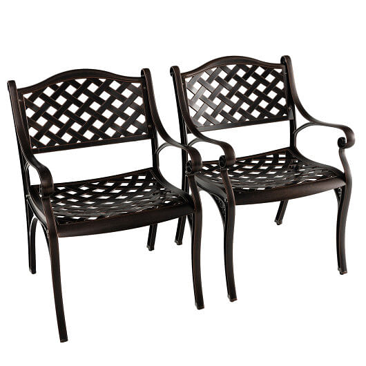 Cast Aluminum Patio Chairs Set of 2 Dining Chairs with Armrests Diamond Pattern-Bronze