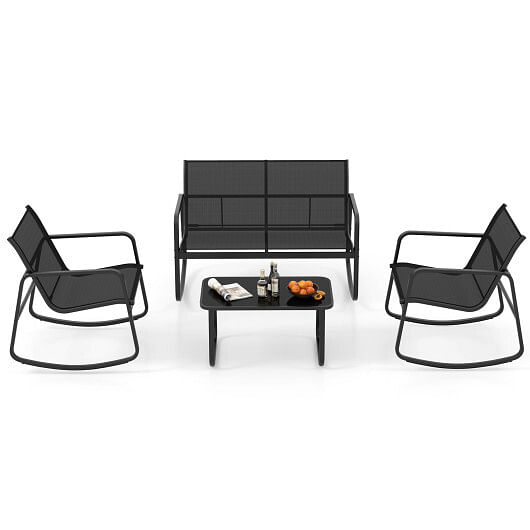 4 Piece Patio Rocking Set with Glass-Top Table-Black