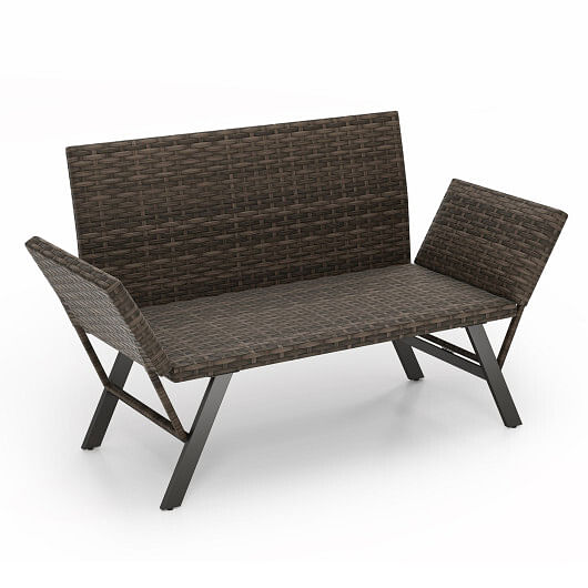 Patio Convertible Sofa for 2 Quick Dry Foam Padded Rattan with Armrests-Gray