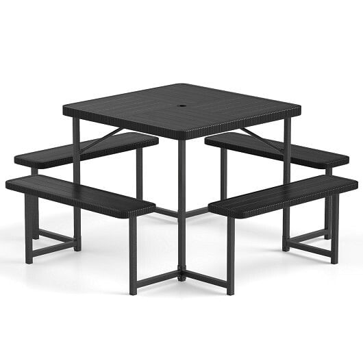 Outdoor Square Picnic Table Bench Set for 4-8 People with Umbrella Hole-Black