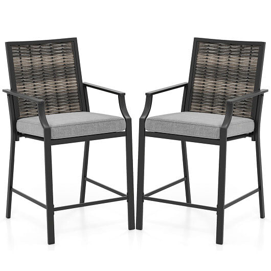 Patio Bar Stools Set of 2 Counter Height Rattan Bar Chairs with Armrest-Grey