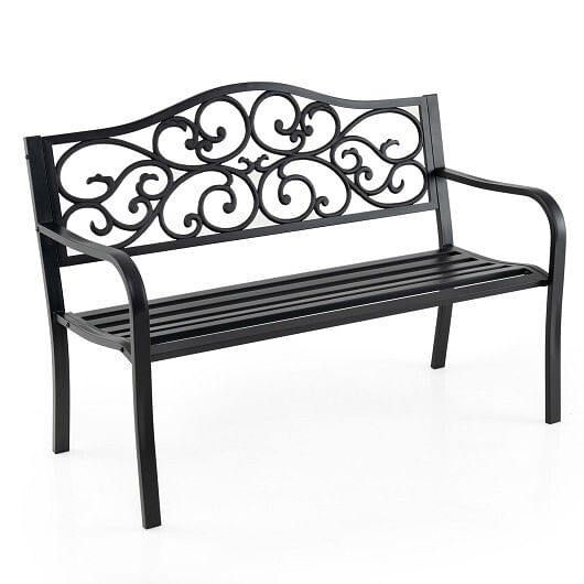 50 Inches Outdoor Cast Iron Metal Patio Bench with Floral Design Backrest and Slatted Seat-Black