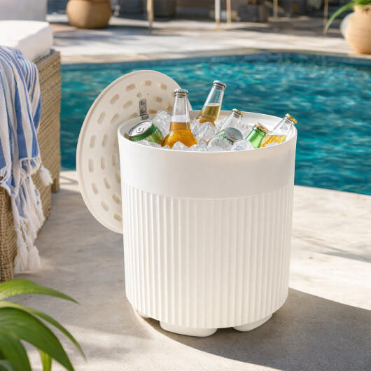 3-in-1 Outdoor Cooler Side Table with Fluted Design for Deck-White - Image 2