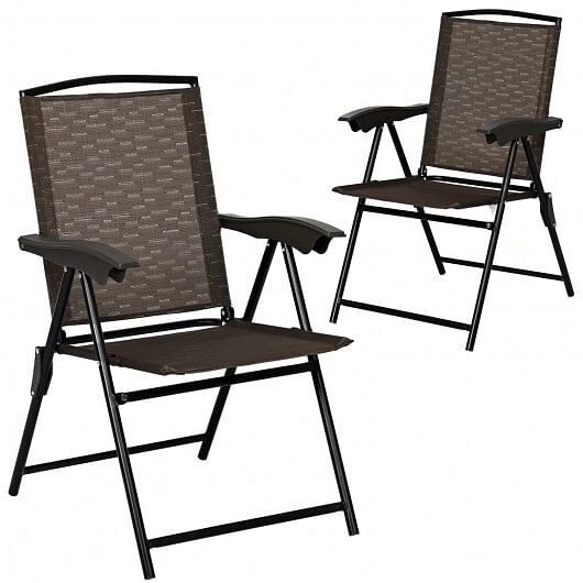 2 Pieces Folding Sling Chairs with Steel Armrests and Adjustable Back for Patio