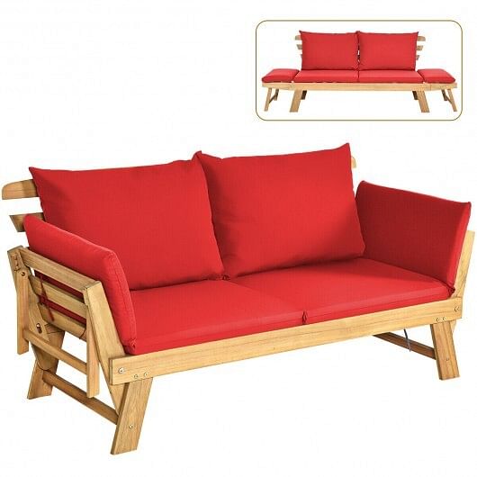 Patio Convertible Solid Wood Sofa with Cushion