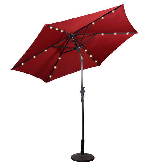 9FT Patio Solar Umbrella LED Patio Market Steel Tilt W/ Crank Outdoor New-Tan